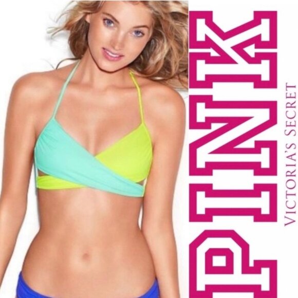 Victoria's Secret PINK | Yellow & Teal Colorblock Wrap Bikini Top | Size Small - Picture 1 of 10